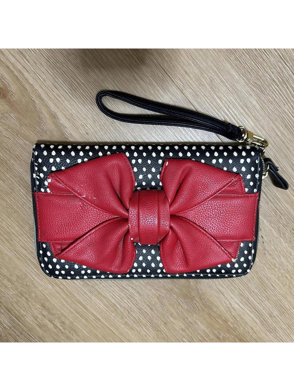Retro Rockabilly Betsey Johnson Polka Dot Bow Wristlet Wallet Y2K VTG Maximalist